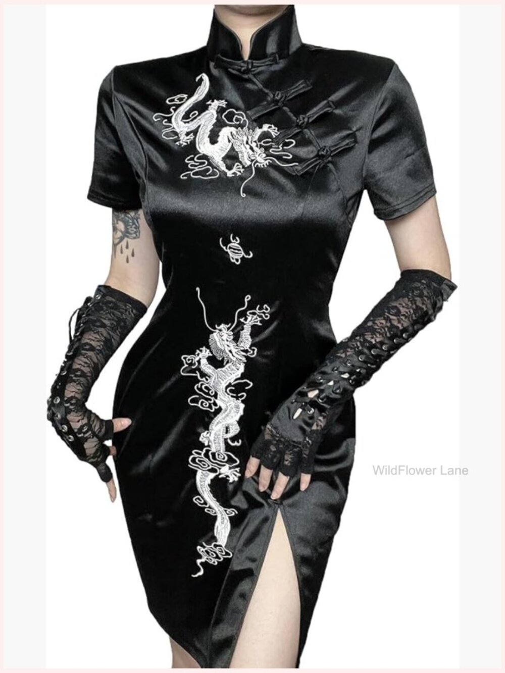 Gothic Asian Midi Cheongsam Dress with Dragon Print Satin